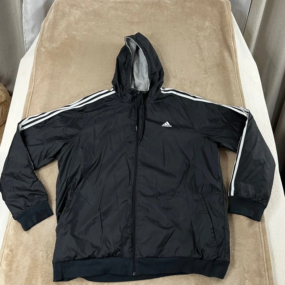 Adidas Reversible Hooded 3‎ Stripe Jacket Size 2XL Black Grey White Full zip
